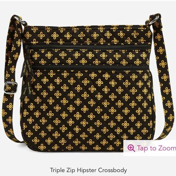 Vera Bradley Triple Zip Hipster Crossbody Bag in Black/Gold Mini Concerto NWT - Picture 1 of 4